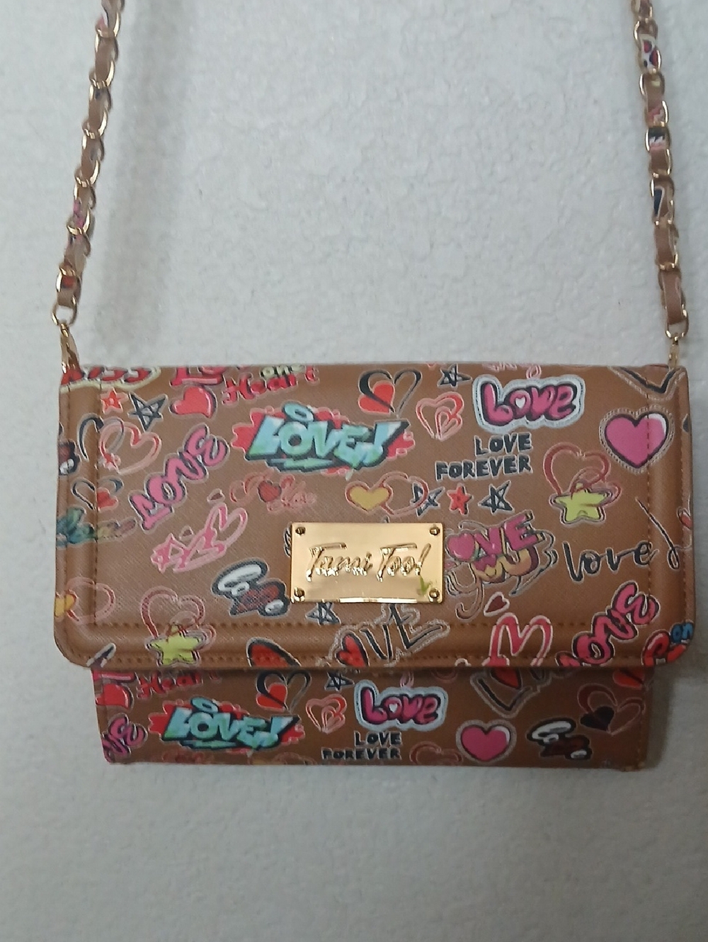 Tan Graffiti Love Chain Shoulder Bag by